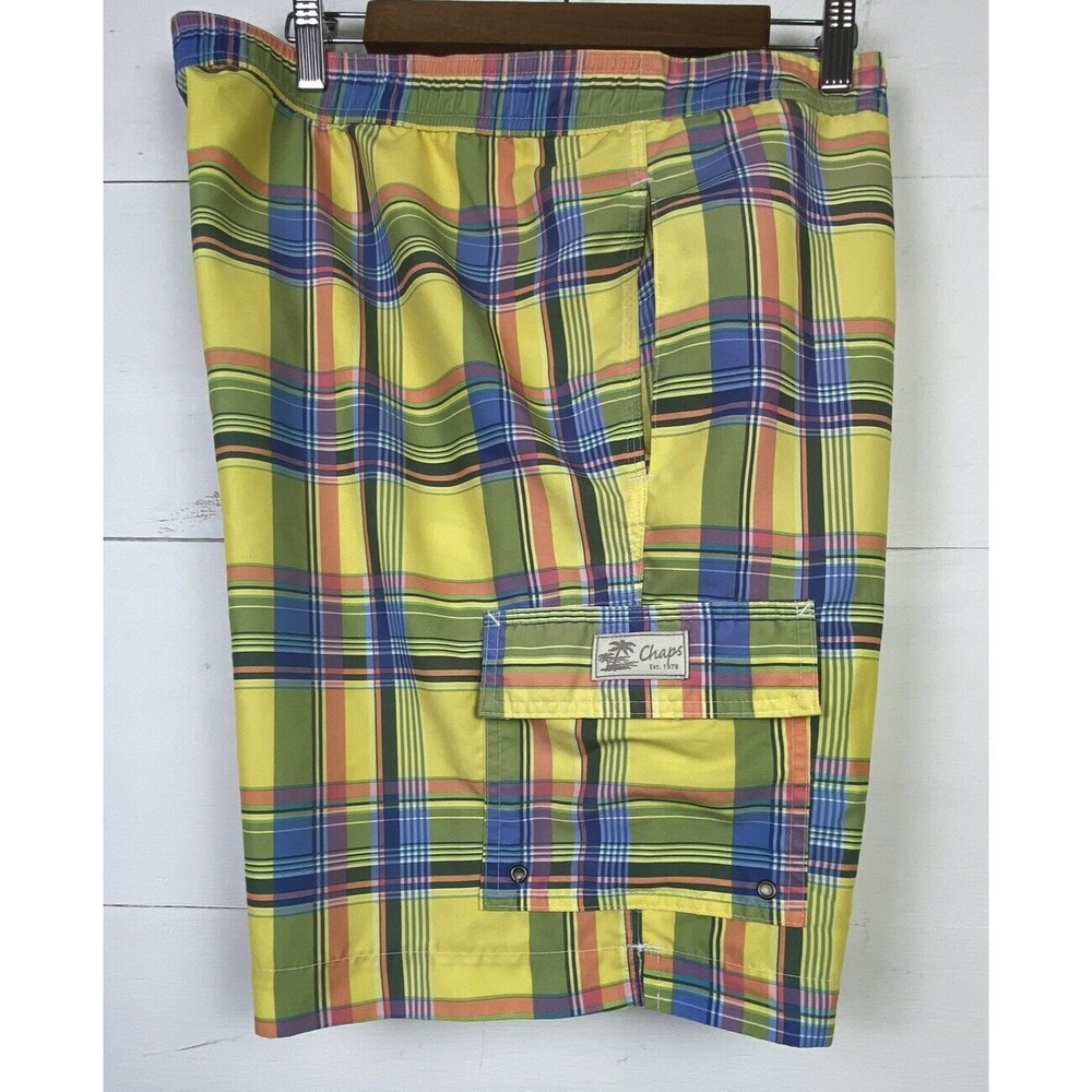 Chaps Mens Boardshort Sz L Yellow Plaid Swimsuit Swimwear Hook & Loop Closure